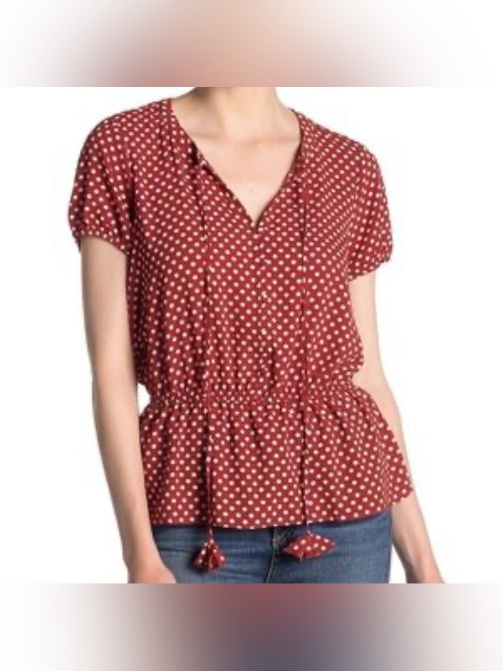 & Layered Rust White Polka Dot Peplum Blouse Tassel Tie Top Medium